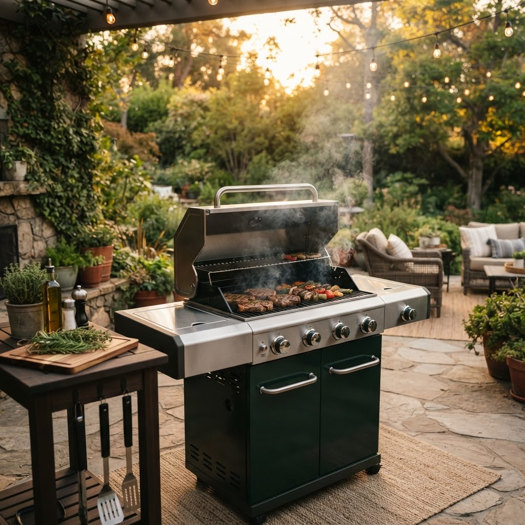 EmberGrove gas grill on a patio at sunset